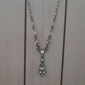Vintage Silver Tone Clear Beads and Clear Rhinestone necklace 17 to 20 Inch Adj